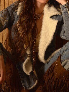 Blue Preppy Women's Denim & Faux Fur Embroidered Oversized Jacket